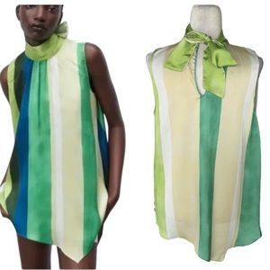 Zara Satin Striped Back Tie Bow Blogger’s Favorite Sleeveless Tunic Tank Top - M